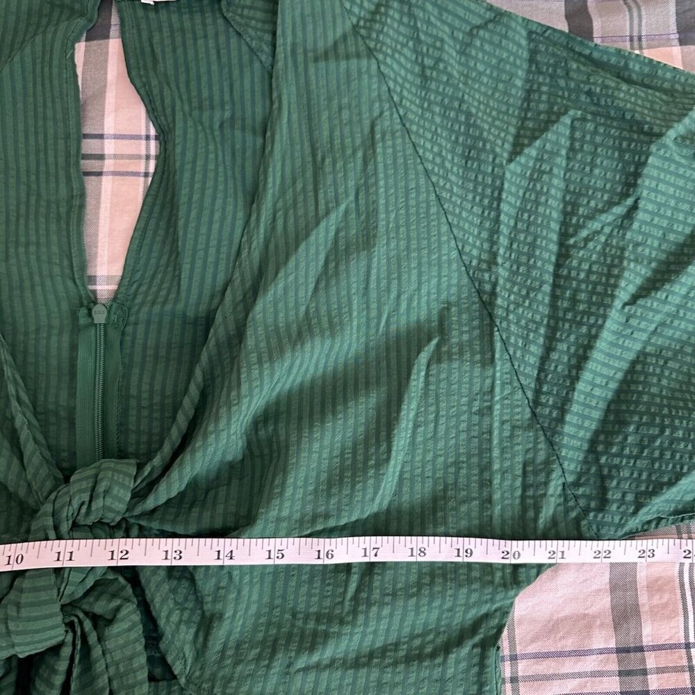 Mango MNG Midi Dress Womens XL Green Striped Boho Puff Sleeve Twist Wrap Tie - Picture 12 of 14